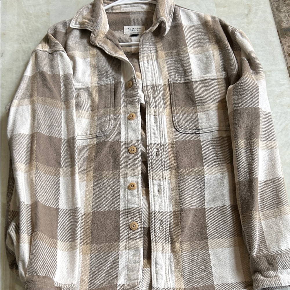 American Eagle Outfitters Brown and Cream Plaid Shirt
